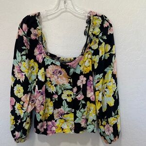 Who What Wear Top Womens plus XXL Black Floral Linen Long Sleeve Smocked Button